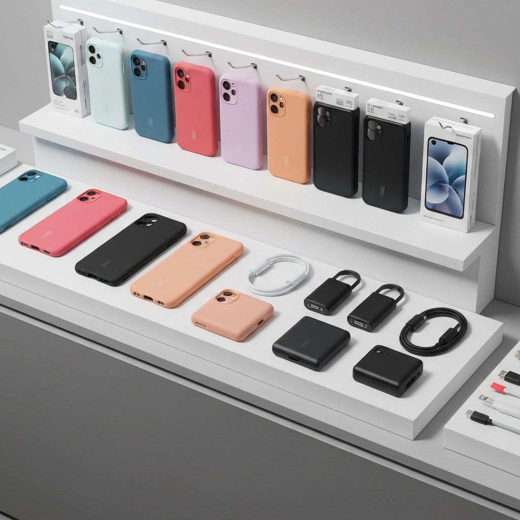 Display of mobile phone accessories including colourful cases, chargers, and cables