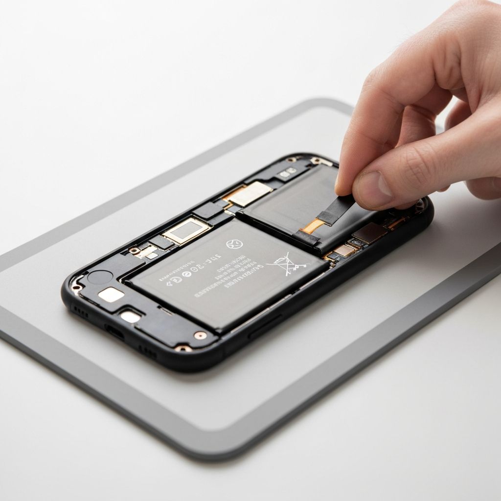 A smartphone opened up showing battery replacement service on a professional repair mat