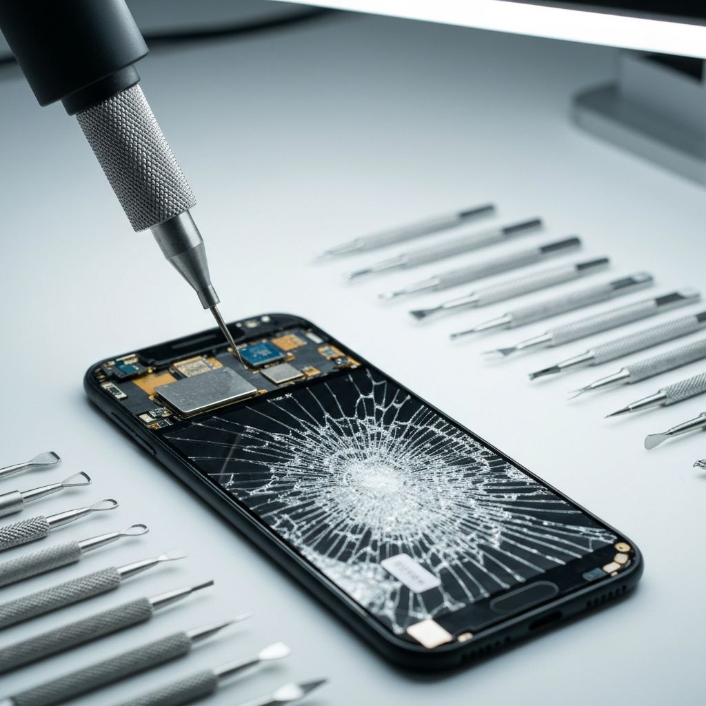 A smartphone with a cracked screen being repaired on a professional workbench with repair tools